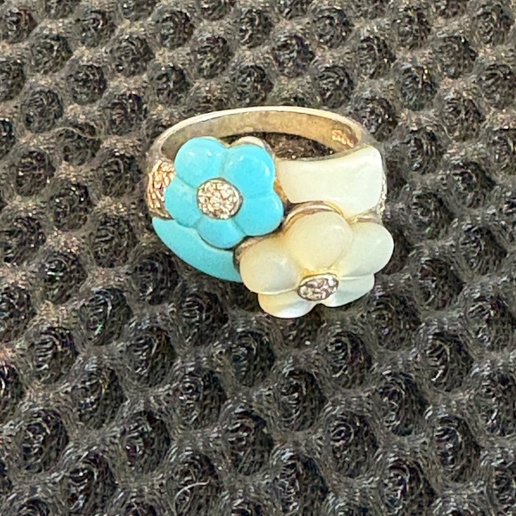 Artisan Sterling Silver Mother-of-Pearl & Turquoise Flower Statement Ring Size 8 - Picture 9 of 13